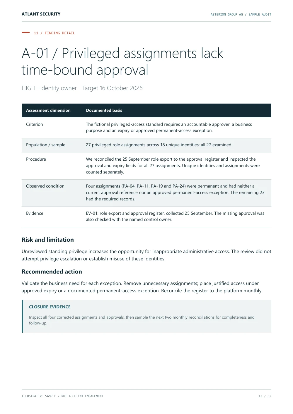 Privileged-access finding, page 12 of the fictional Asterion Group AG audit. Text summary follows.